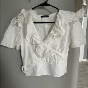White Ruffle Shirt With Tie Around